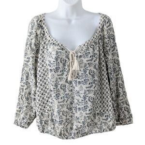 AMERICAN Eagle boho embroidered v neck 100% viscose blue white blouse Large T2